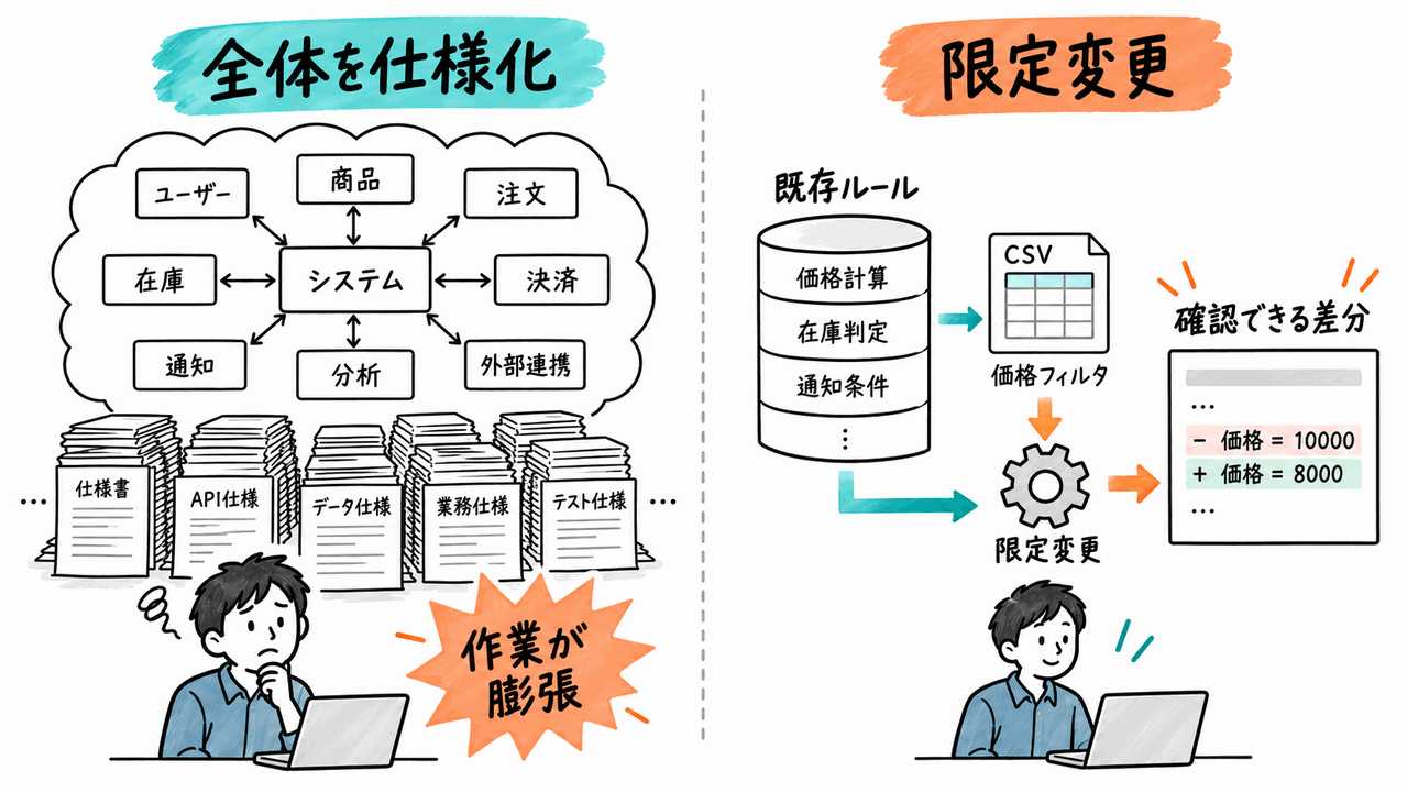 全体の遡及仕様化と限定変更の違い