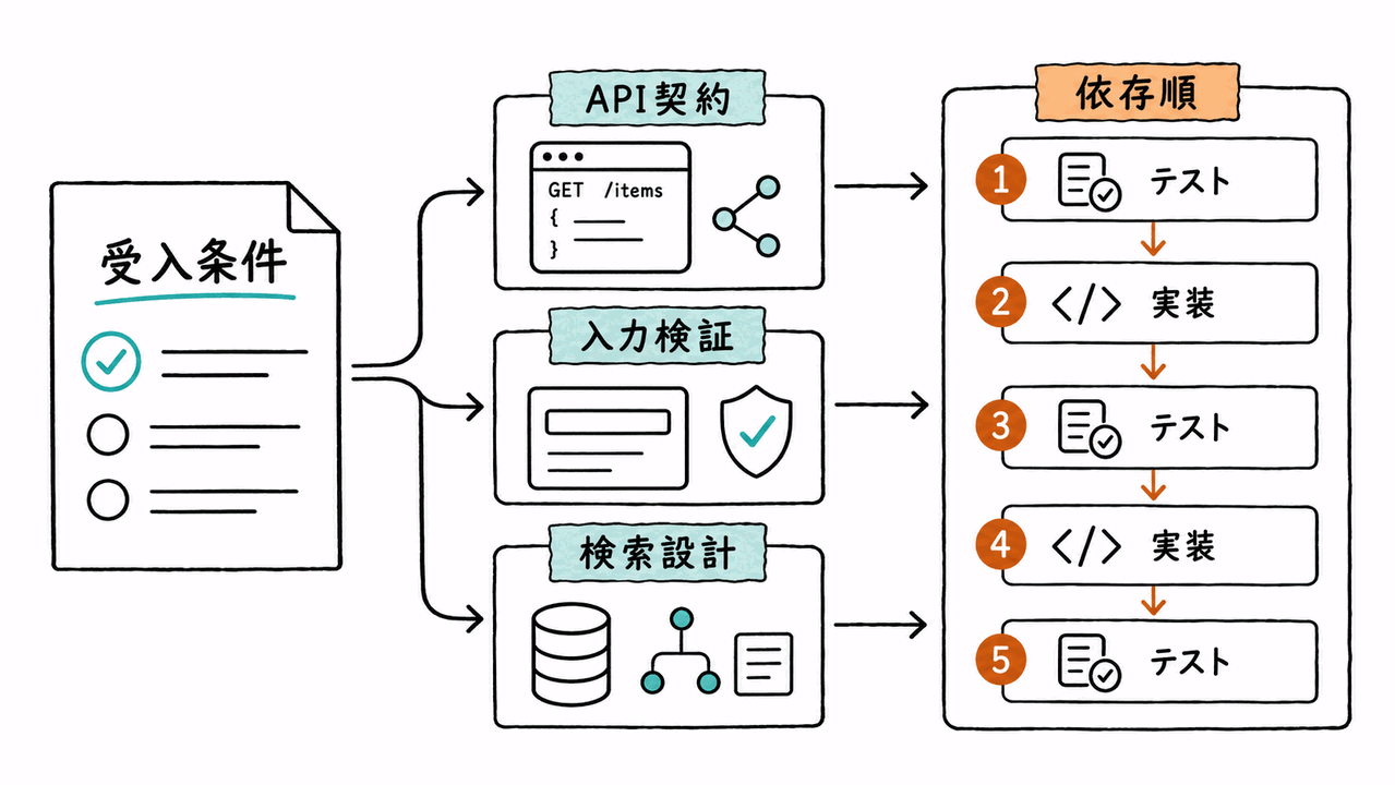 要求を技術設計と作業へ分ける流れ