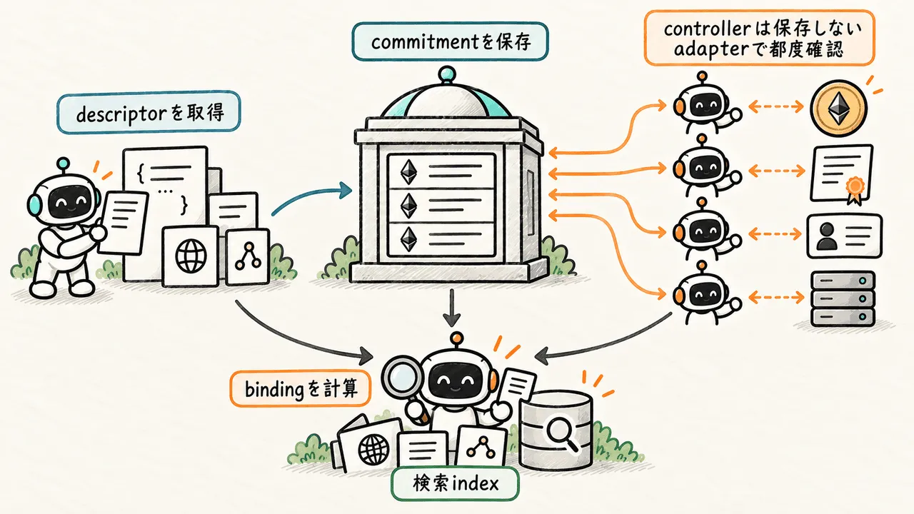 ERC8444参考実装でkernelの保存値、adapterのlive読取、resolverの計算結果を分ける構造