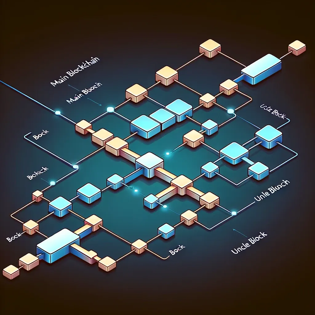 DALL·E 2024-01-20 07.59.00 - A visual representation of a blockchain network showing the main blockchain with a series of connected blocks in a straight line. Next to the main blo.png
