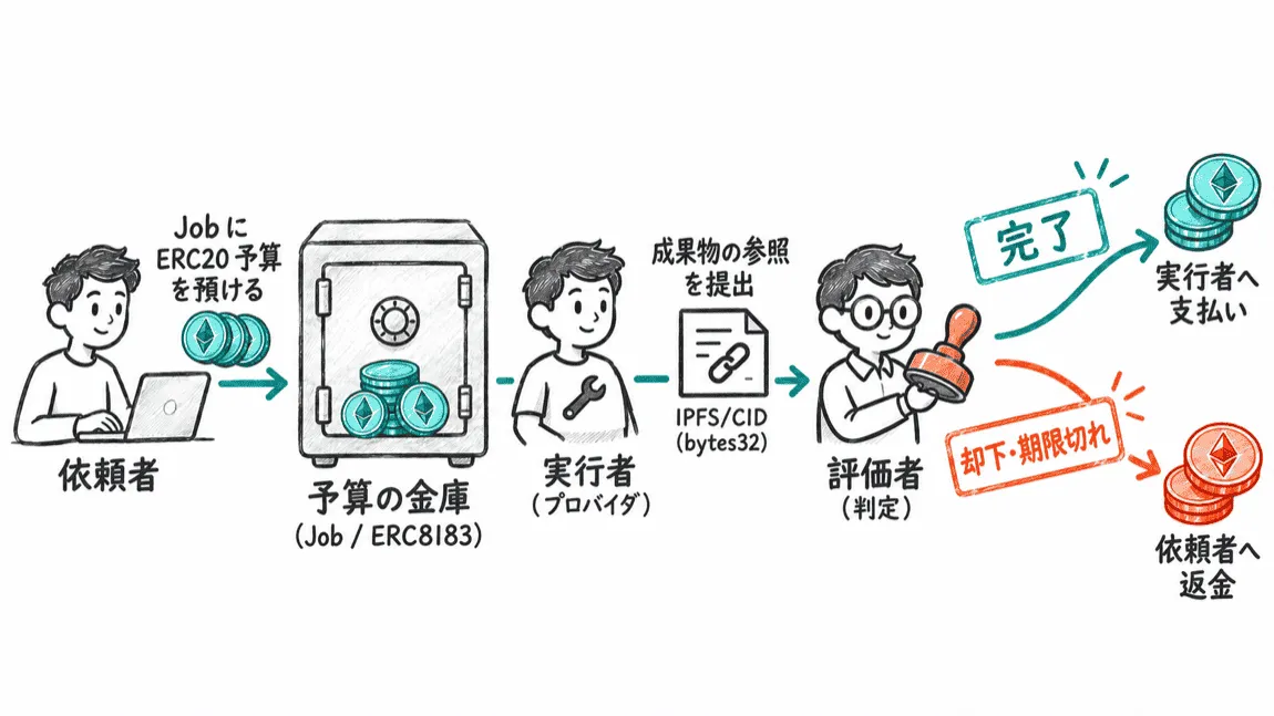 ERC8183の依頼、提出、判定、資金結果