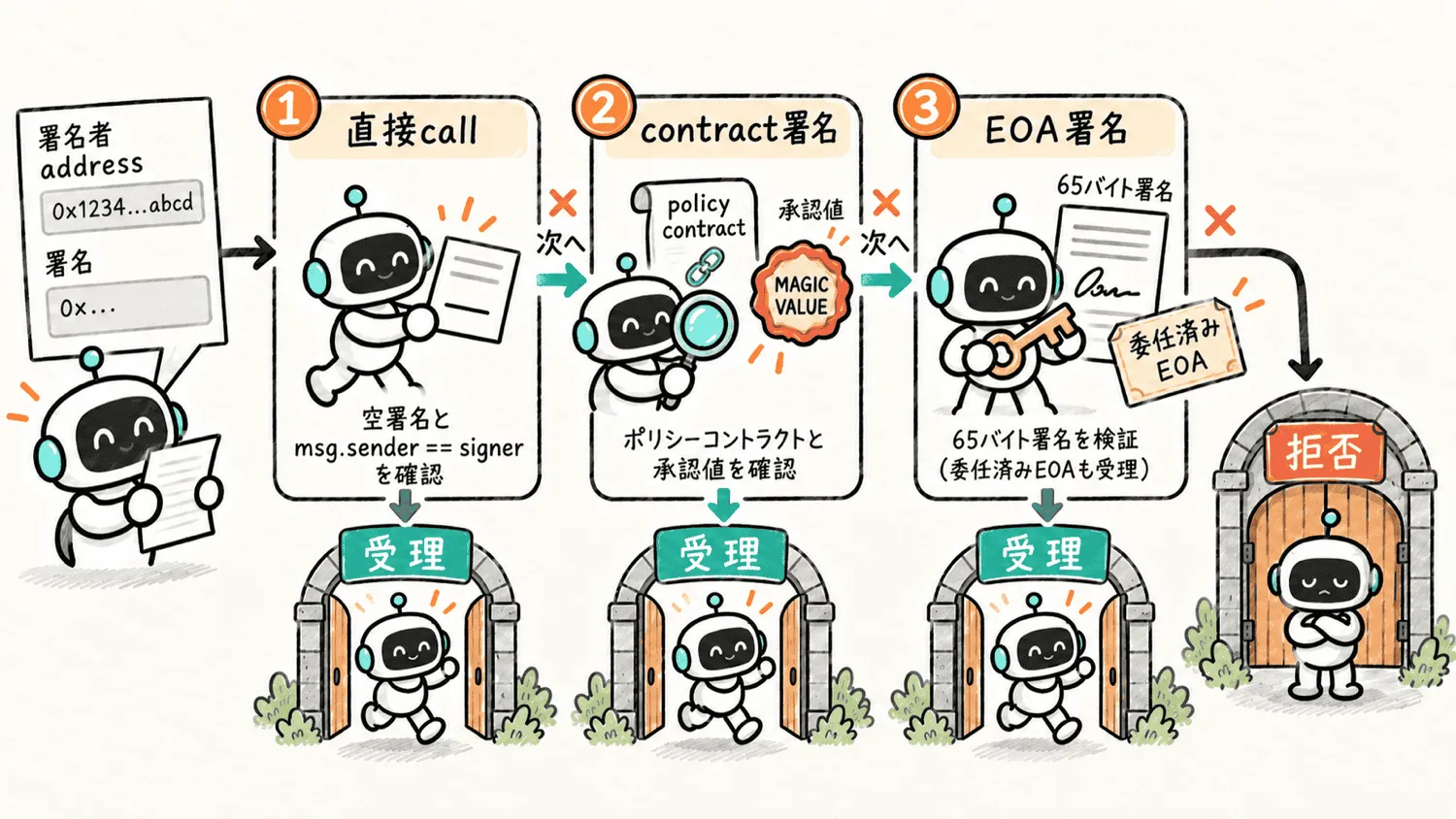 ERC8350の参考実装が直接callとcontract署名とEOA署名を順番に検証する流れ