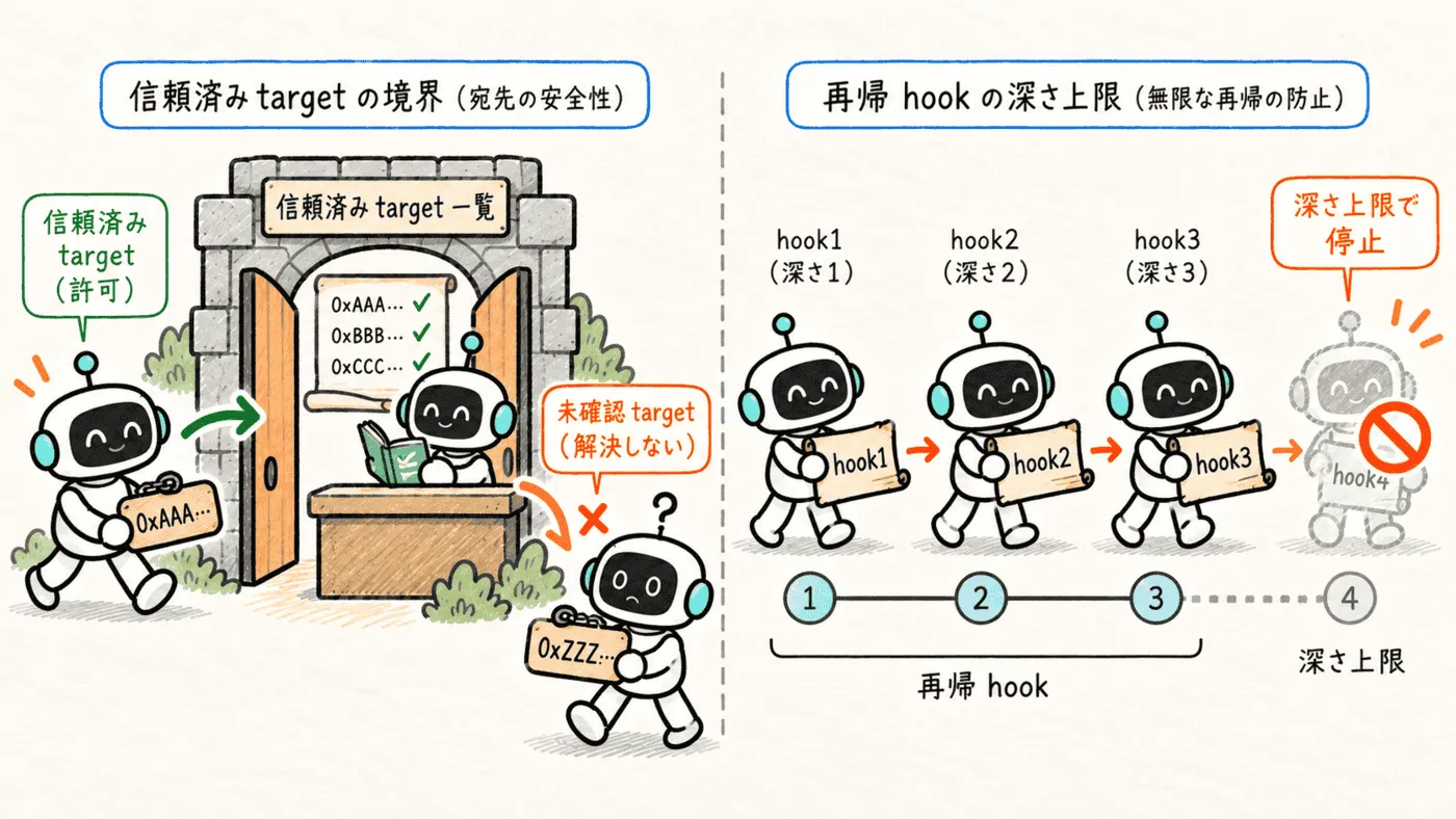信頼済みtargetだけを解決する境界と再帰hookをdepth上限で止める仕組み