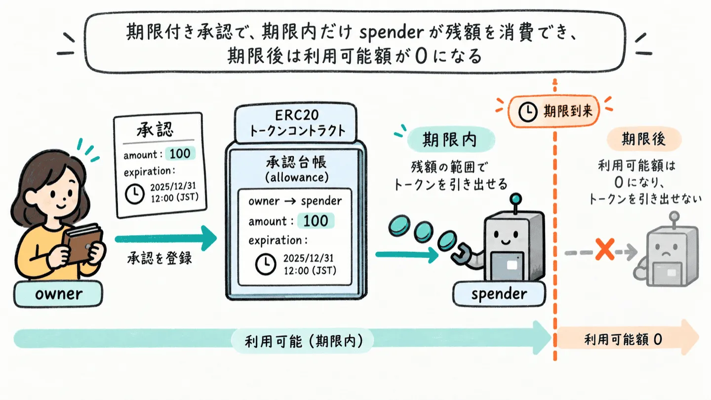 ERC8255で所有者が期限付き承認を作り利用先が期限内だけ利用する流れ